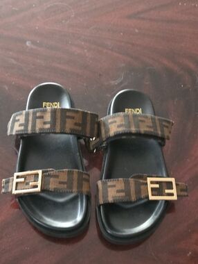 3 For $40 Fendi Brown FF Logo Leather Slide Sandals